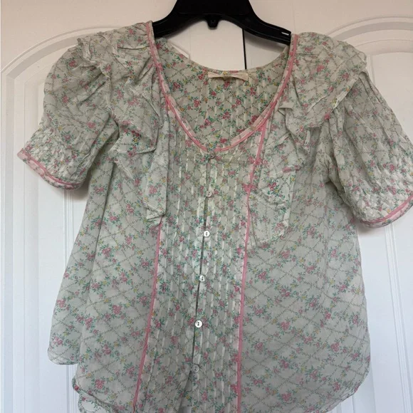 LoveShackFancy Floral Blouse - Pink and Green ruffles romantic 💘 - Picture 3 of 5